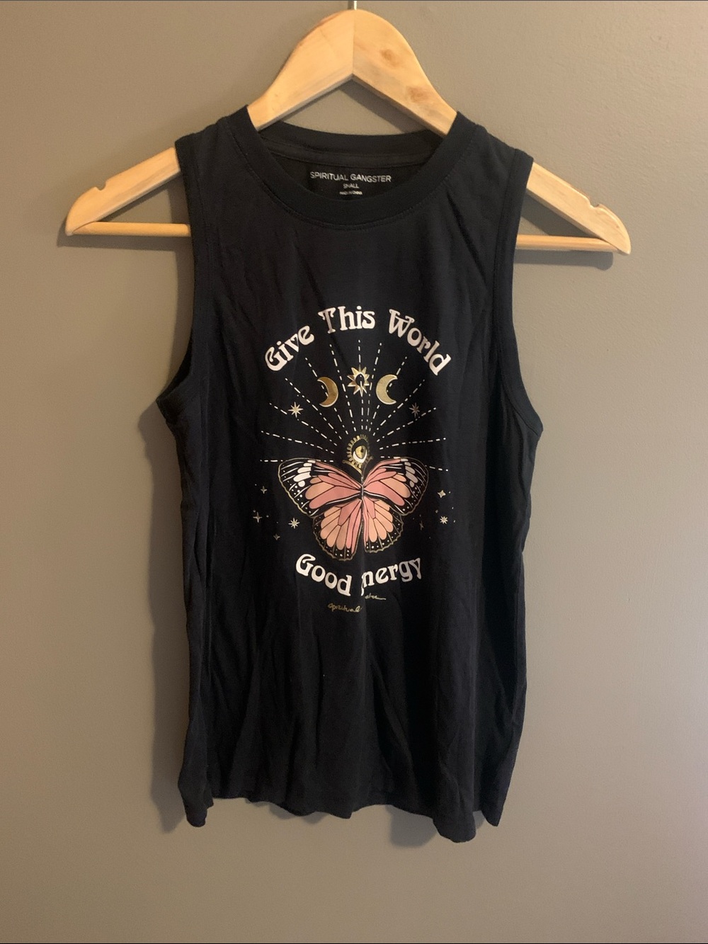 Spiritual Gangster Black Tank with Pink Butterfly & Celestial Graphic